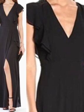 BCBGMaxazria Black Callie Chiffon Gown with Flutter Sleeve